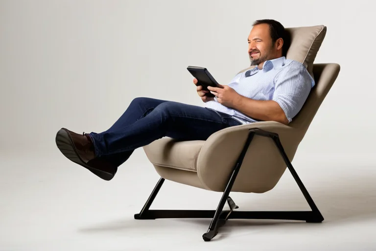 Как выбрать электронную книгу по формату файлов и привычкам чтения — A person holding an e-reader in one hand while sitting in a chair, whole device and hand visible in a medium shot, warm indoor light, no text, no logos, no faces.