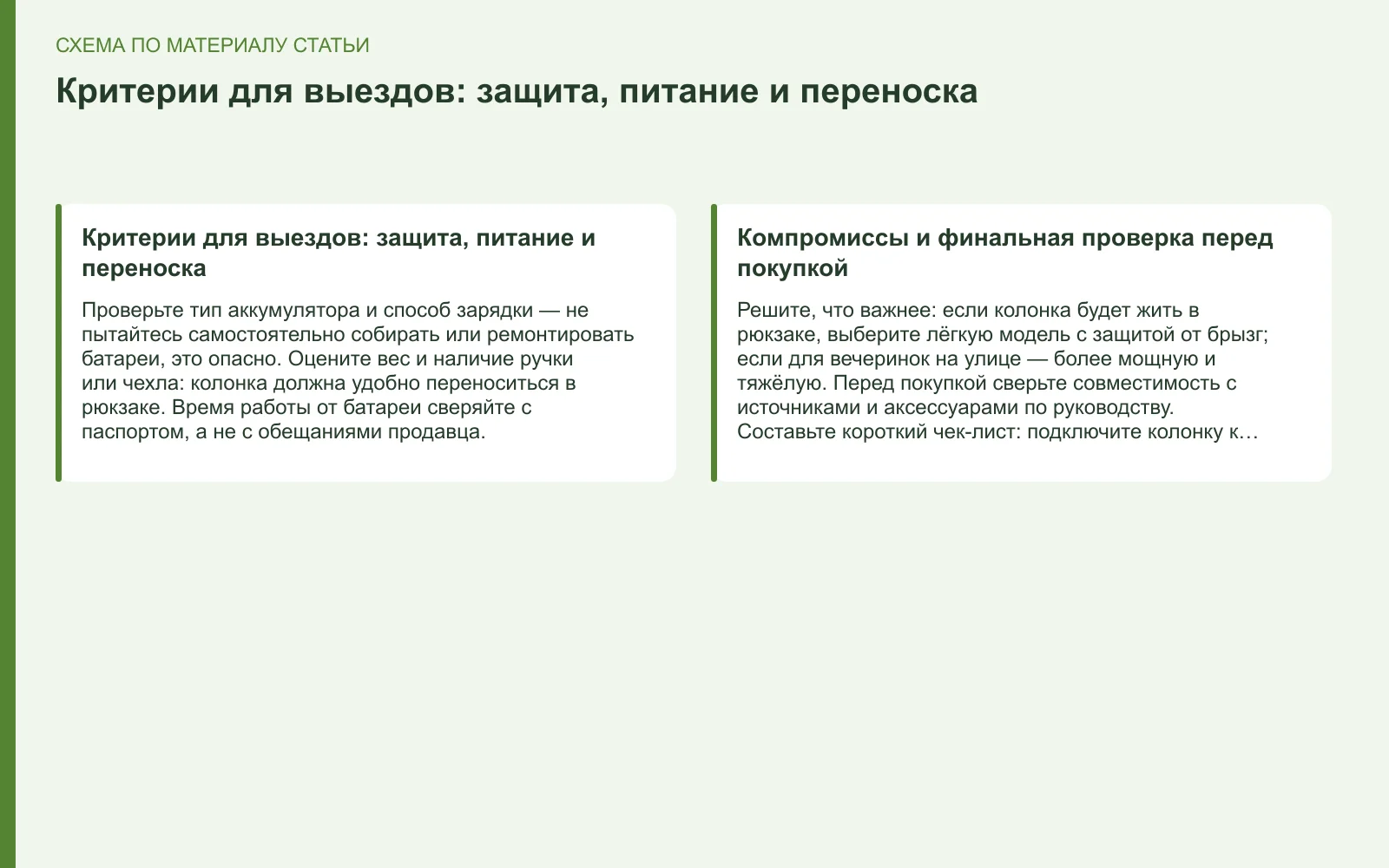 Схема: Критерии для выездов: защита, питание и переноска